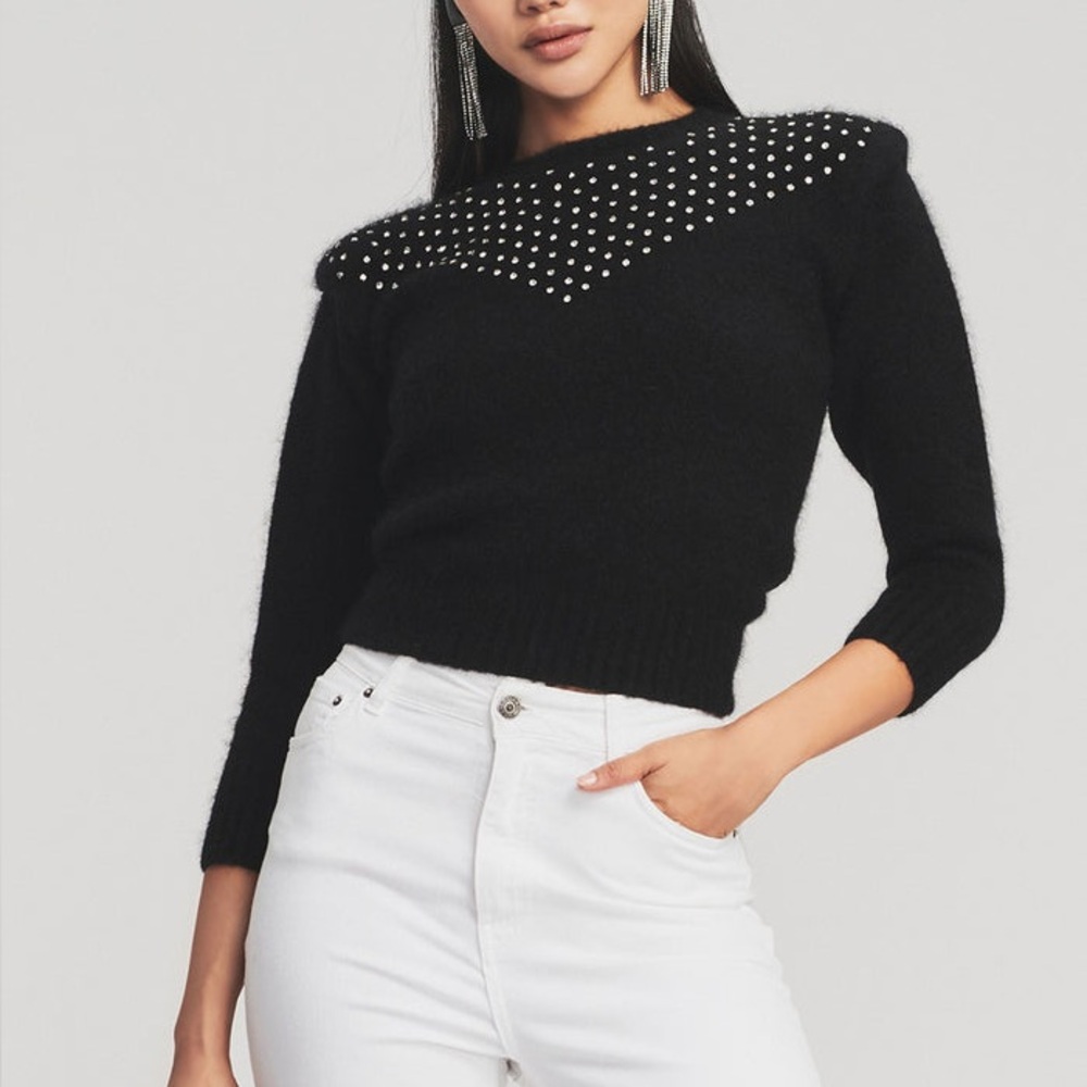 Retrofete Astra Mock Neck Sweater Mohair Wool Crystal Embellished Black | Size L